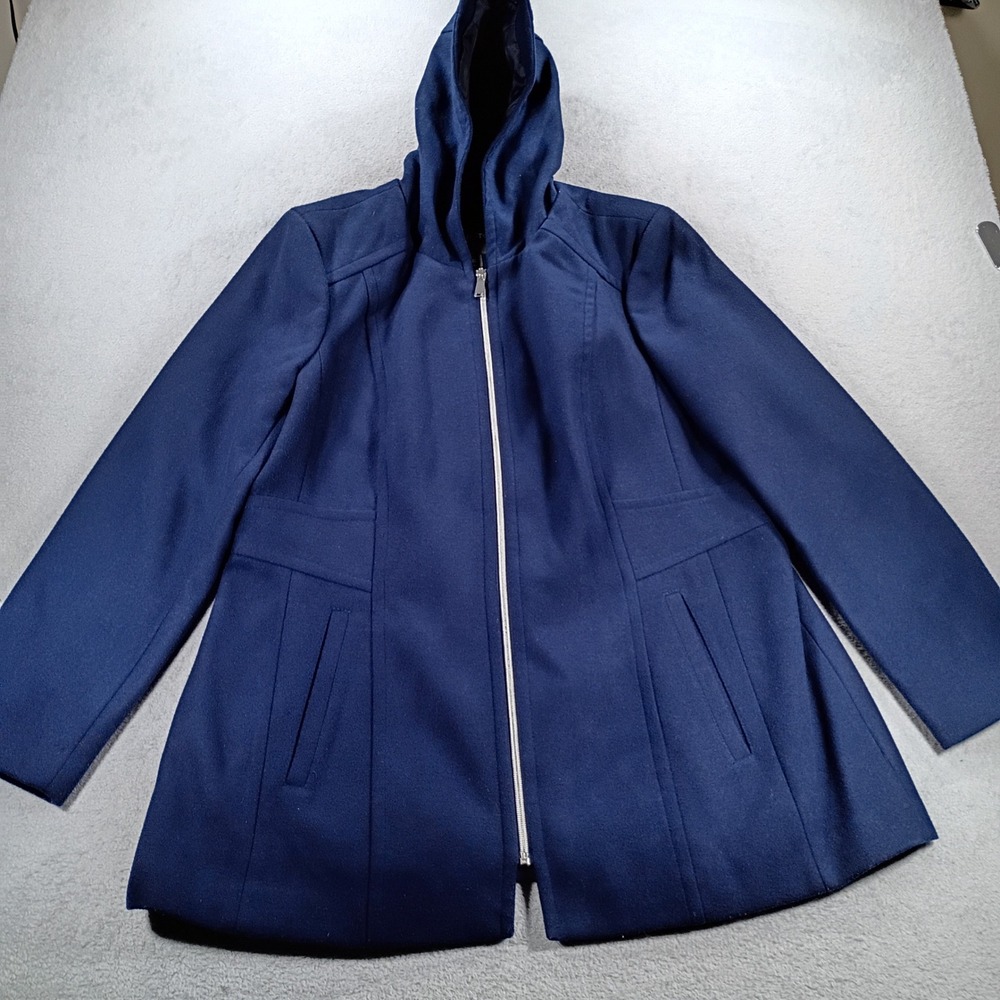 Covington Womens Hooded Zip Front Coat Navy Blue XL Tailored Fit